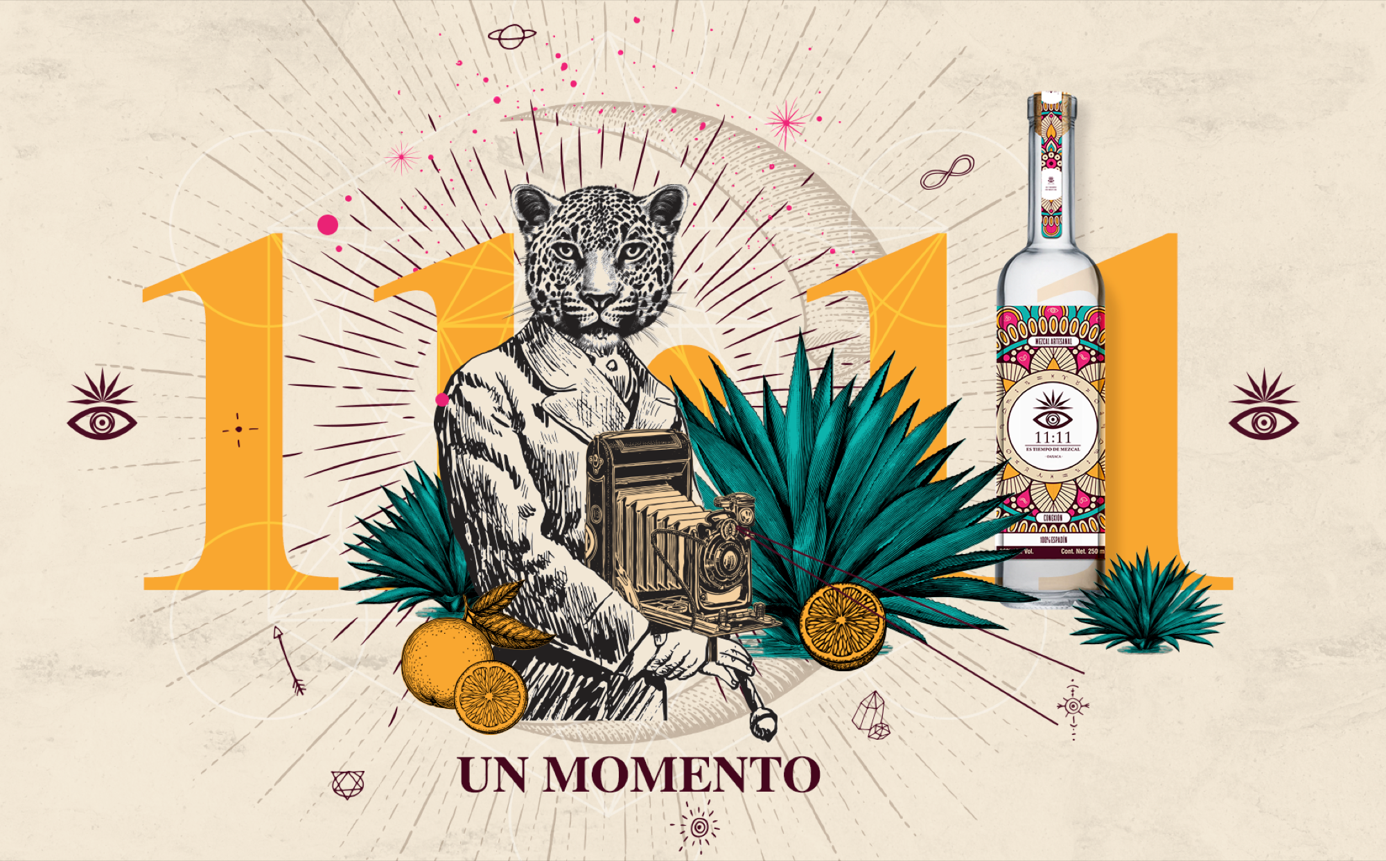 Ilustración Mezcal 11:11: un jaguar con cámara entre agaves, naranjas y la botella Conexión — Un momento