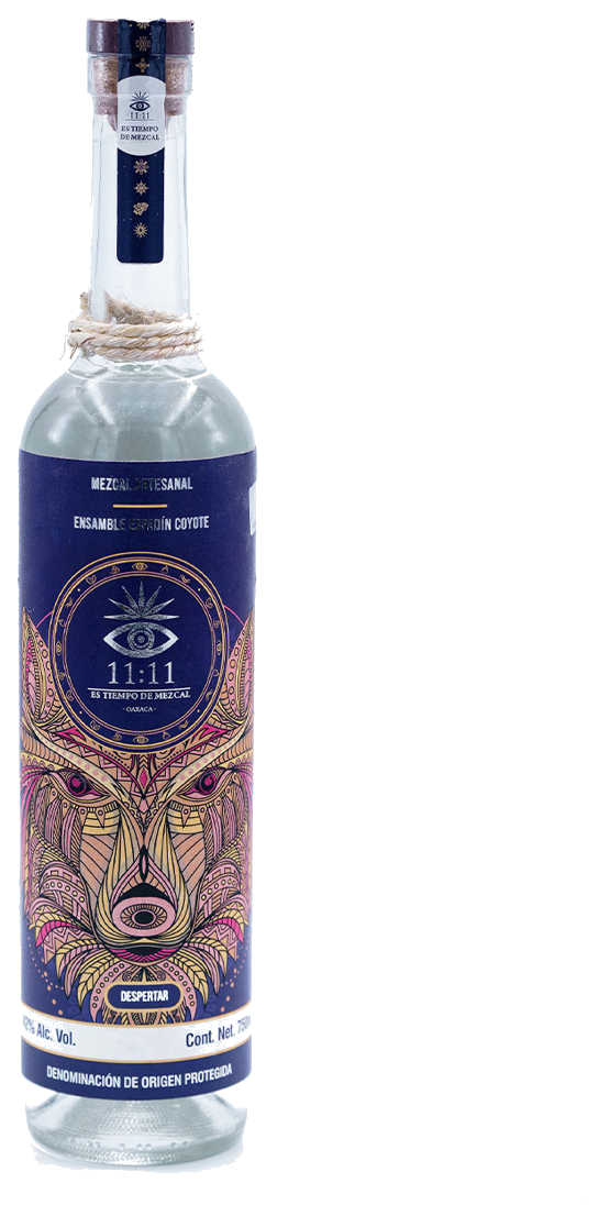 Botella de Mezcal 11:11 Despertar, ensamble Espadín y Coyote, presentación 750 ml