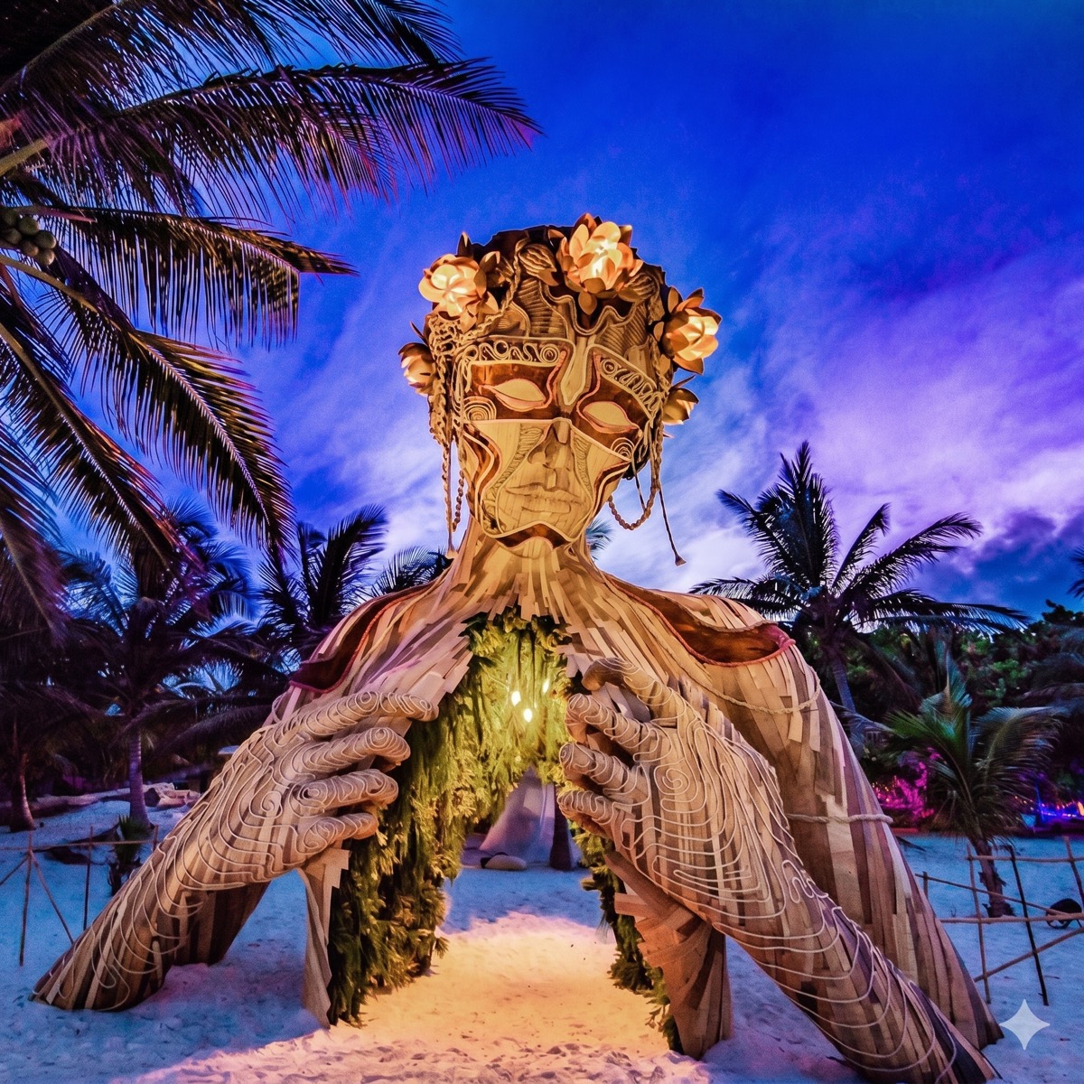 Escultura Ven a la Luz (Come into the Light) de Daniel Popper en Tulum, al atardecer