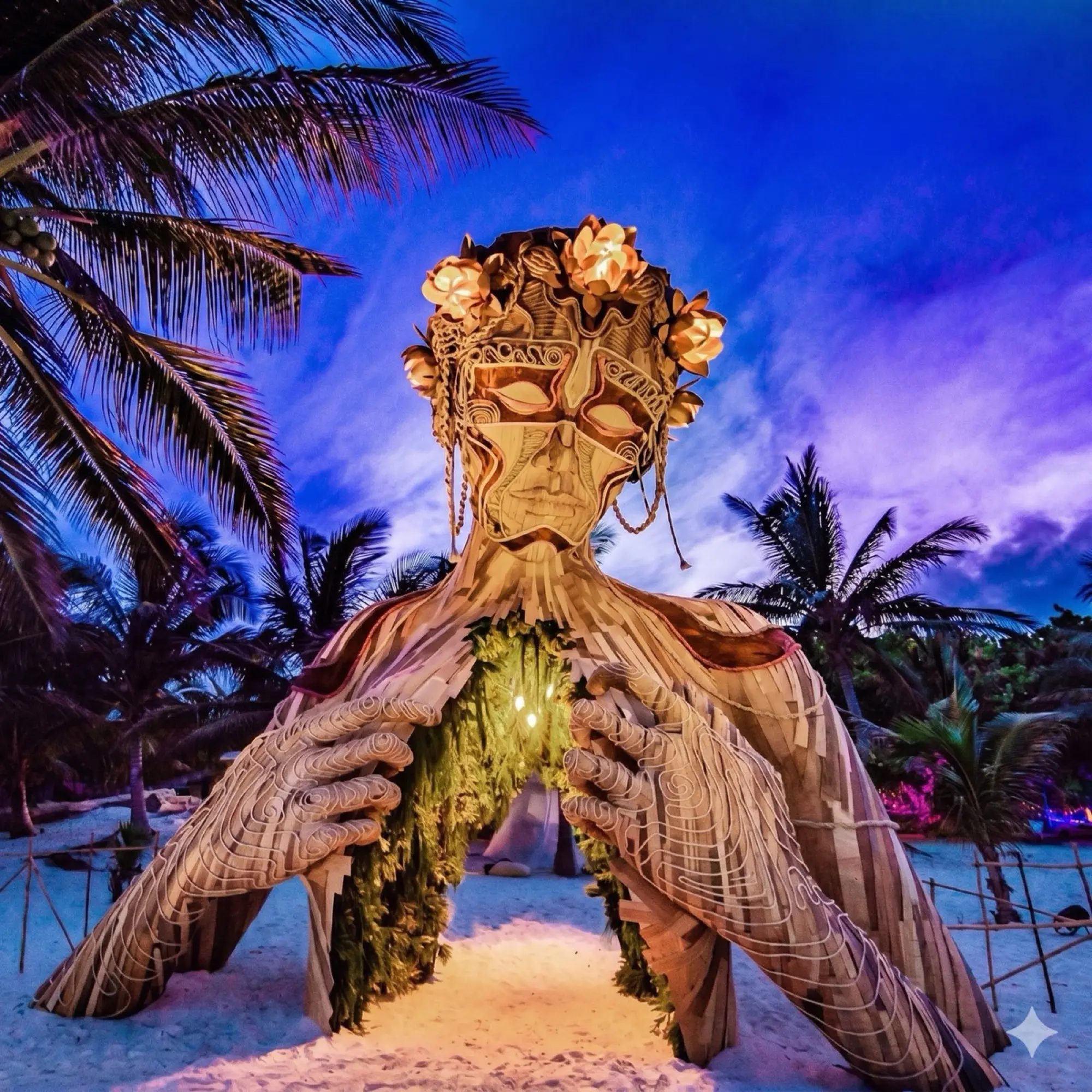 Escultura Ven a la Luz (Come into the Light) de Daniel Popper en Tulum, al atardecer